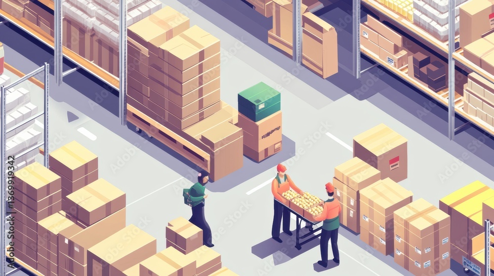 Poster warehouse workers pack grocery orders in a modern isometric setting with stacked boxes and an organi