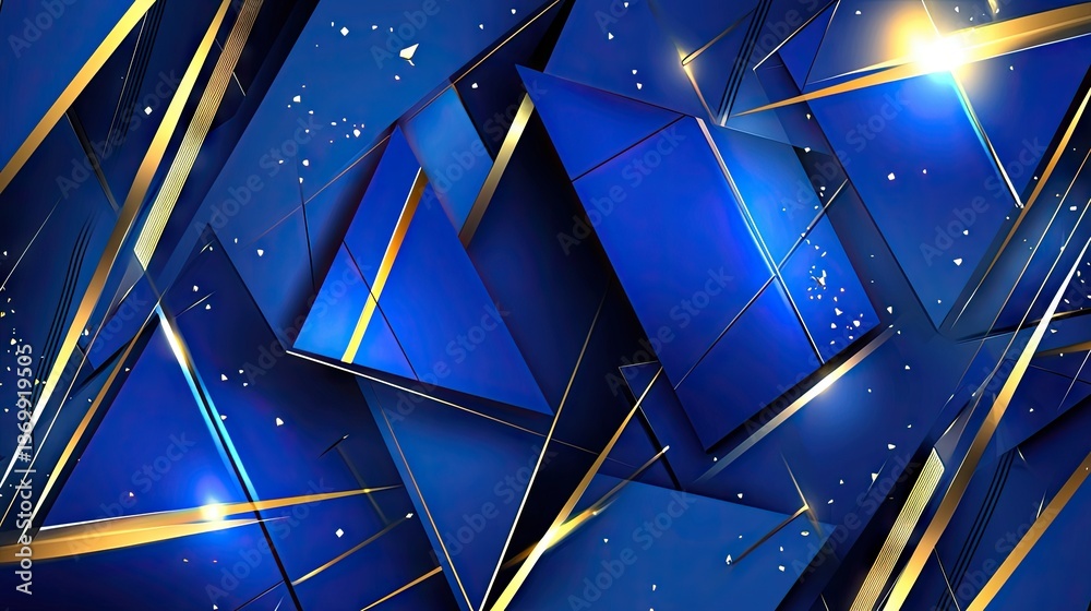Poster sleek and futuristic blue gradient background with sharp triangular layers, glossy reflections, and 