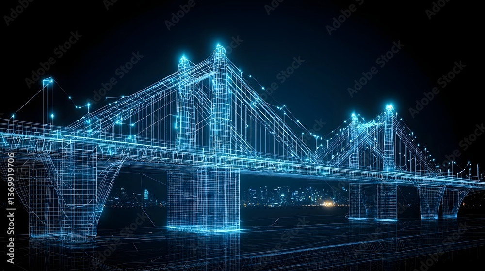 Poster a digital rendering of a high tech bridge structure with a striking wireframe design illuminated aga