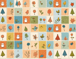 귀여운 그림이 그려진 패치 워크 벽지 패턴