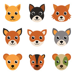 Fototapeta premium Funny cartoon animal icons and illustrations featuring cute cats, dogs, and a collection of zoo animal characters