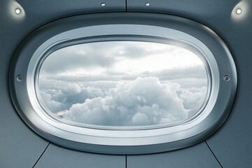 White clouds are visible through an airplane window, showcasing the serene view during a flight at high altitude