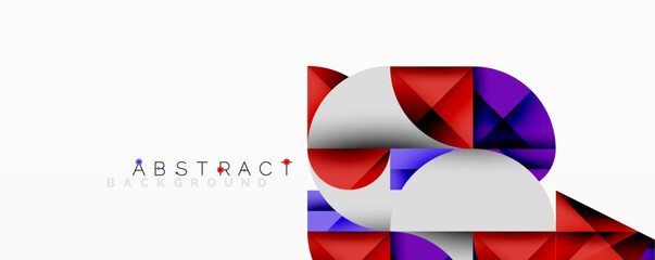 Modern abstract composition with layered circles and angular segments featuring gradients, transparency effects, and a structured geometric layout