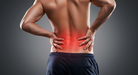 Naklejka premium Muscular Man with Lower Back Pain, Red Highlight on Injury