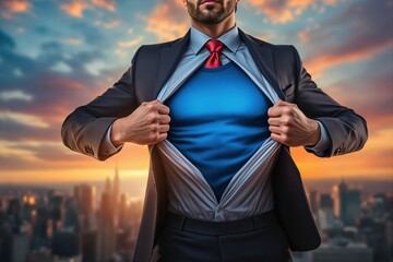 Confident businessman ripping open suit to reveal superhero costume underneath, dramatic digital art style, cityscape at sunset background, concept of inner power. Ai generative