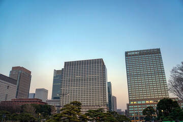 Obraz premium 夕暮れ時の高層ビルと青空が織りなす美しい都市景観