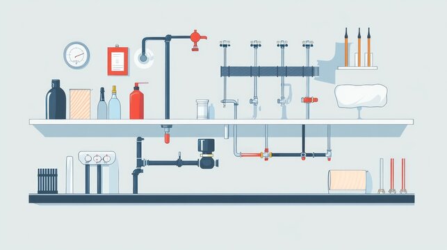 Preventing frozen water pipes, diagrams showing the placement of pipe insulation and heating tape on water pipes, technical and instructional atmosphere, digital illustrations,