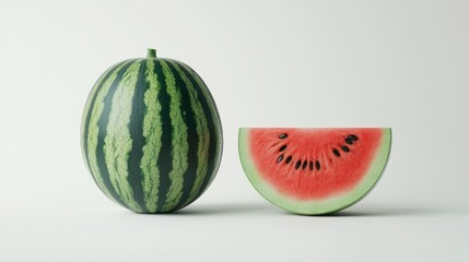 A whole watermelon and slice on a clean white background.