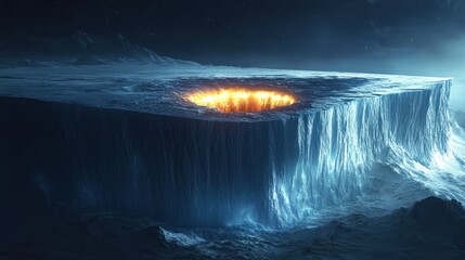 Surreal icy cliff landscape with a glowing fiery hole in the middle. 