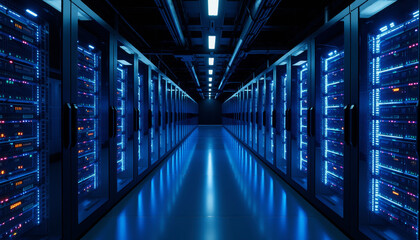 Obraz premium Dark Server Room with Blue Illuminated Racks and Reflective Floor