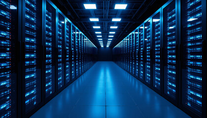 Fototapeta premium Dark Server Room with Blue Illuminated Data Racks