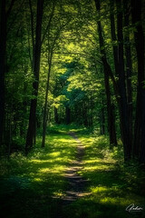 Tranquil Forest Pathway Bathed in Sunlight and Caressed by a Zephyr Breeze