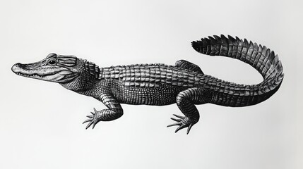 Fototapeta premium Striking black and white alligator illustration. Realistic detail captures the power and texture of this formidable reptile against a clean background