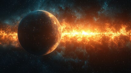 Obraz premium Fiery cosmic event near a dark planet; explosive nebula and celestial body.