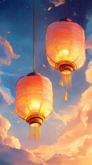 Obraz premium Two illuminated paper lanterns hanging against a twilight sky with clouds