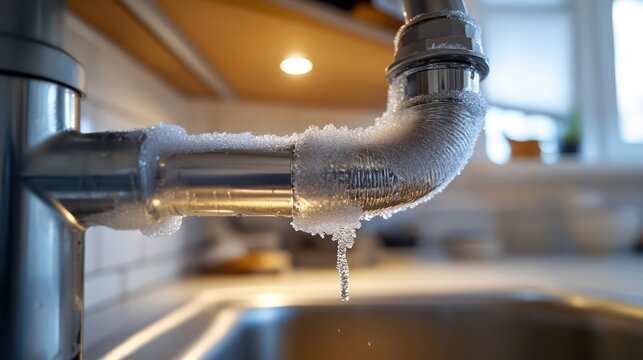Prevent water pipes from freezing, photo of exposed pipes under the sink, with pipe insulation applied to prevent freezing, the environment is a clean and orderly kitchen,