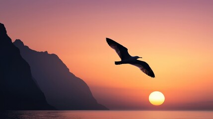 Fototapeta premium A serene sunset with a bird soaring over calm waters, framed by silhouetted mountains, creating a tranquil atmosphere.
