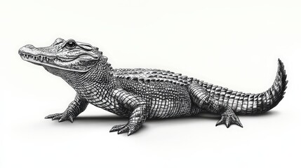 Naklejka premium Striking black and white alligator illustration. Intricate scales and claws pop against a clean white background. A captivating study in detail