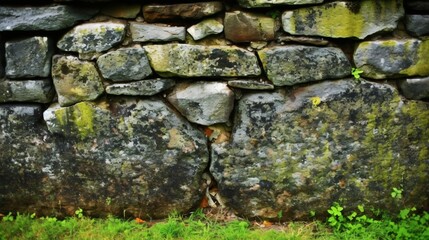 Fototapeta premium Ancient Stone Wall with Moss and Green Grass - Rustic Texture Background