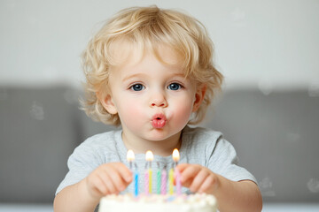 Child celebrates birthday by blowing out candles on a delicious cake surrounded by joy and happiness