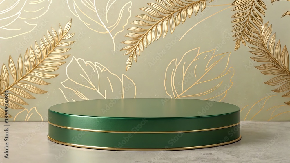 Poster Green circular display platform against a leaf-patterned background.
