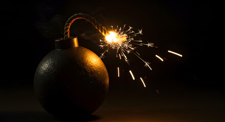 Black Bomb with Lit Fuse and Sparkling Trails Against Dark Background