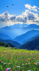 Fototapeta premium A vibrant meadow with colorful flowers and a mountain range under a blue sky