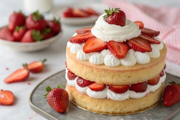 Homemade strawberry shortcake with fresh berries and cream  
