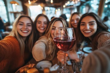 Best friends taking selfie sitting in dining restaurant table  - Group of young people at terrace party drinking red wine together - Winter season - Beverage life style