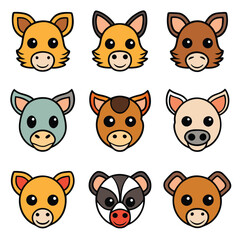 Fototapeta premium Funny cartoon animal character faces, a cute vector set of pet illustrations