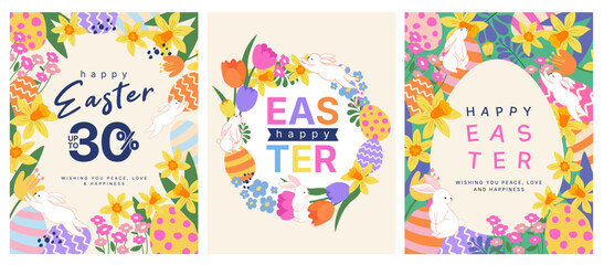 illustration of easter day concept,  card and background, cartoon and character, bunny or rabbit with flowers and egg, seasonal theme