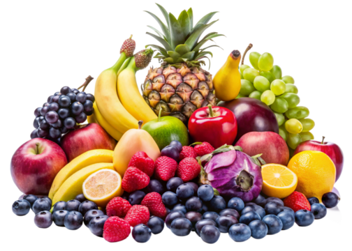 Ripe, red strawberries and green grapes isolated with fresh citrus fruits like lemon and orange