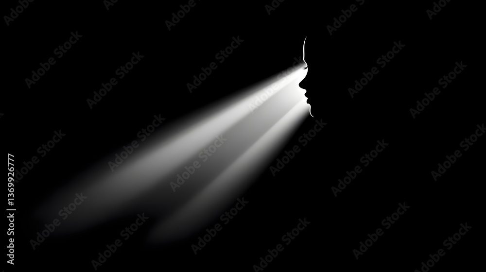 Fototapete A dramatic low key portrait of a solitary figure with half of their face dramatically illuminated by a single beam of light creating deep contrast and an air of mystery