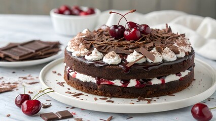 Black Forest cake with cherries and chocolate  
