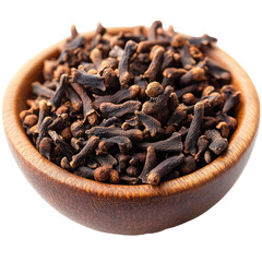 Obraz premium Aromatic clove spices presented against a black background in a wooden bowl