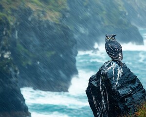 Fototapeta premium Stormy coast owl perched rock ocean cliff