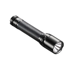 Realistic depiction of compact portable emergency flashlight, metallic finish and textured grip, isolated transparent PNG, English branding visible.