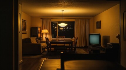 Empty dimly lit living room at night. Interior shot. Possible use Stock photo for home decor, real estate, or film set