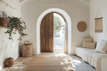 Mediterranean style hallway with arched door. Interior design of modern rustic entrance hall in farmhouse. Generative AI