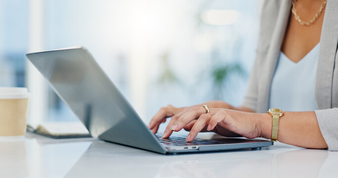 Desk, laptop and hands of woman in office for typing email, administration and planning. Professional, corporate and worker on computer for online schedule, research and project management on website