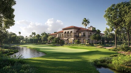 Luxury golf resort elegant country club mansion surrounded lush green landscape Photo