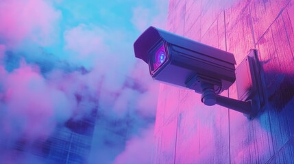 Surveillance camera mounted on a wall bathed in vibrant neon light