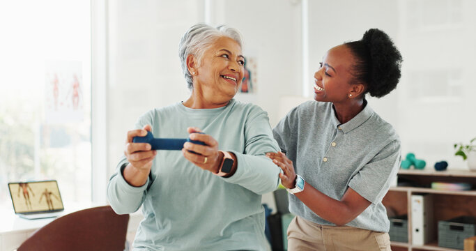 Fitness, senior woman and weight lifting for physiotherapy, help and medical healthcare. Clinic, dumbbell and physical therapy for happy person in rehabilitation, exercise muscle or injury recovery