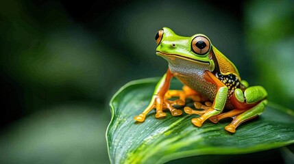 Naklejka premium A vibrant green frog perched on a leaf, showcasing its striking colors and intricate patterns against a blurred, natural background.