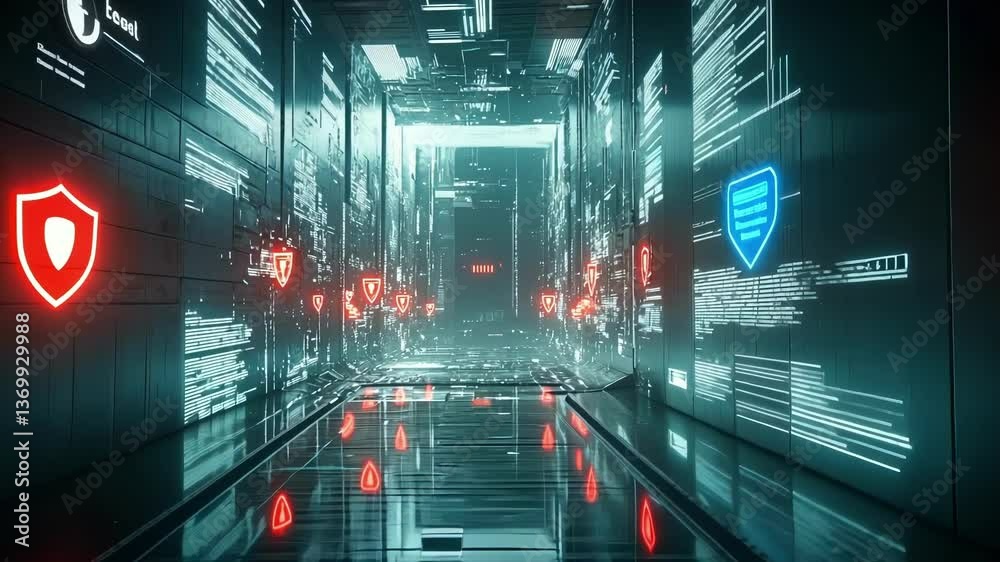 Poster glowing red shields provide cyber security within digital corridor, safeguarding data flow with encr