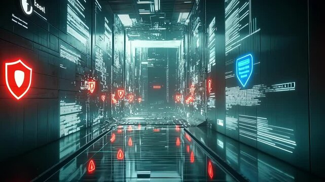 Glowing red shields provide cyber security within digital corridor, safeguarding data flow with encrypted code in futuristic technological environment
