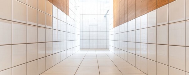 Bright Hallway with Off White Tiles and Warm Wood Accents