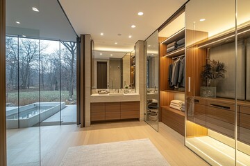 Fototapeta premium Modern bathroom and dressing area with large windows and beautiful cabinetry