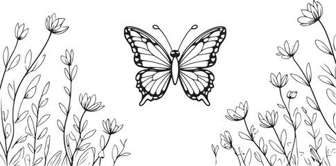 Black and white butterfly silhouette set, nature's flying insect art