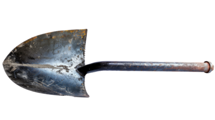 The Iron Shovel: A detailed look at a vintage iron shovel, emphasizing its weathered texture and classic design.